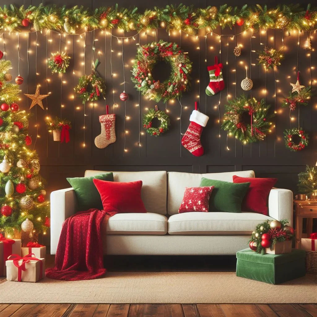 Christmas decoration in living room with sofa at the centre and in the classic Christmas colors like red and green.