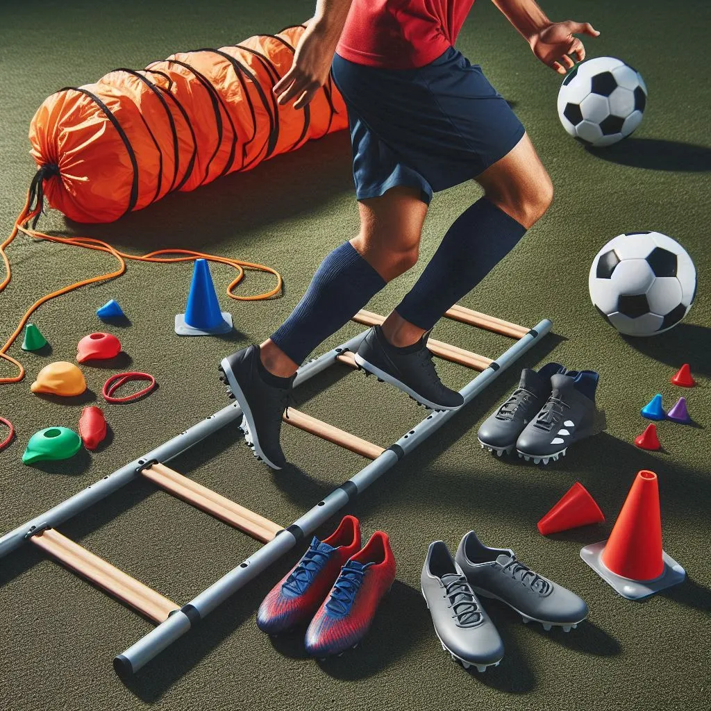 Person doing the Speed and agility training for soccer using agility ladder, training cones, soccer-specific shoes, and resistance bands.